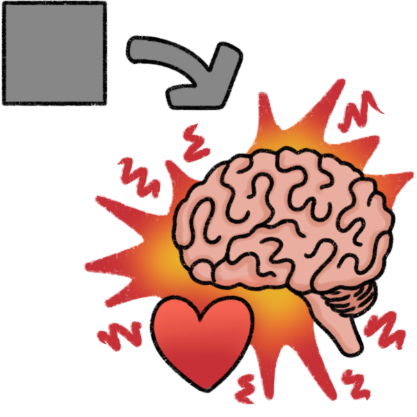 A grey square with an arrow pointing from it to a brain and heart shape. Behind it is a red, orange, and yellow burst, with red squiggles coming off it.